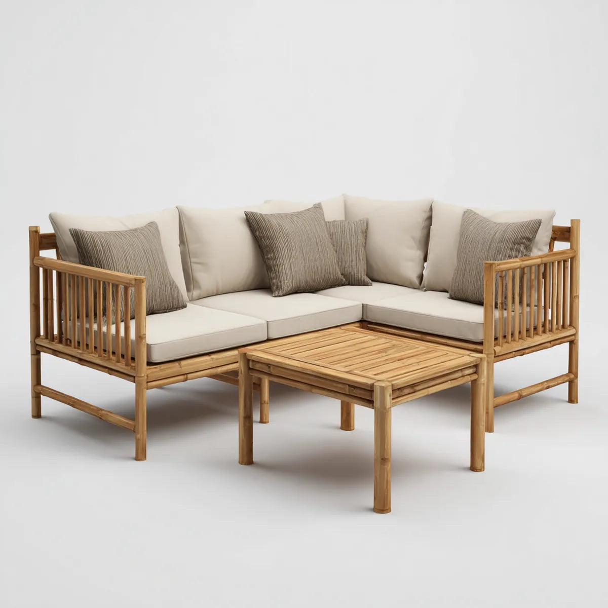 Bambus Gartenlounge Set L-Form Natur Creme Taupe 205 x 205 x 75 cm mit Couchtisch