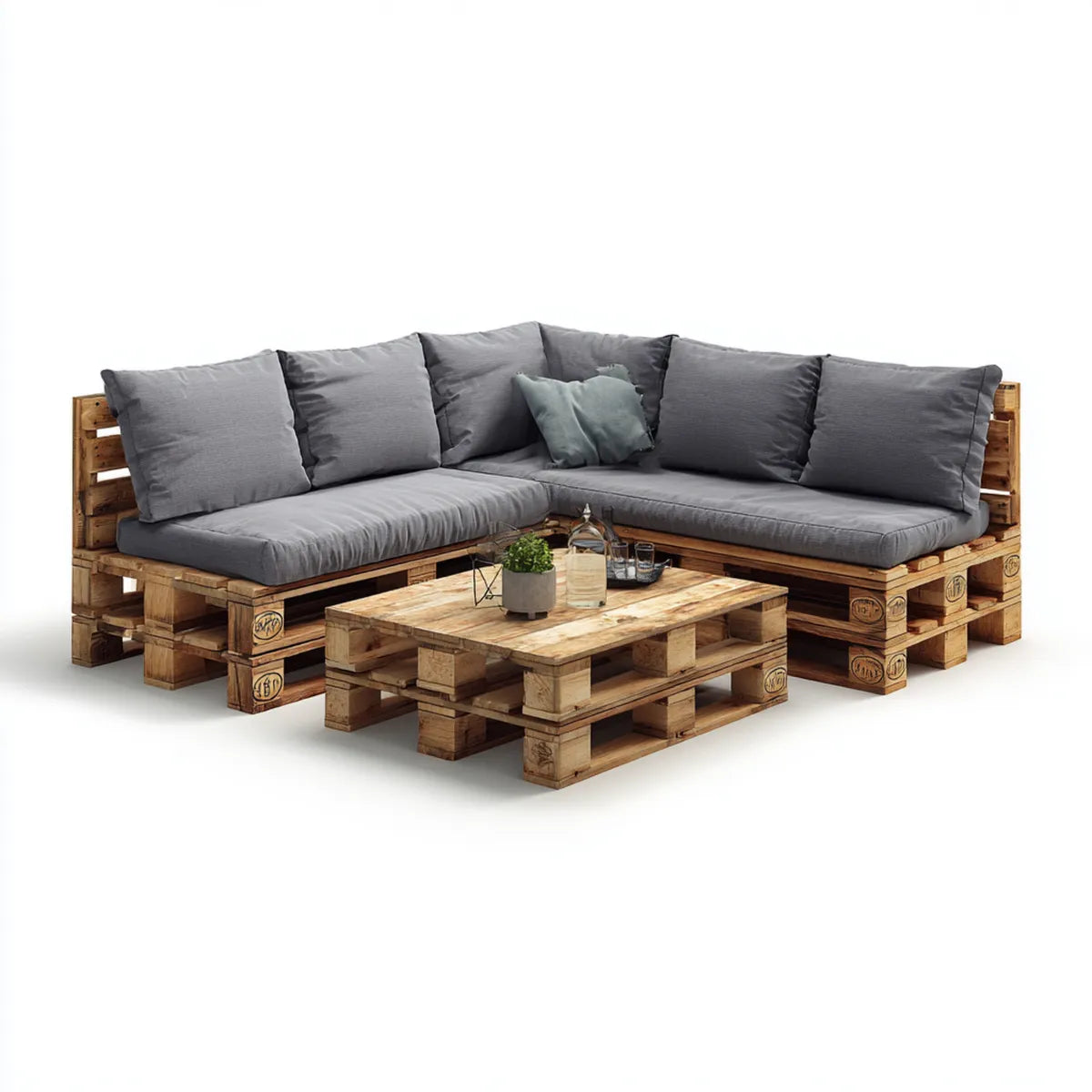Paletten Loungeset Ecksofa L-Form Grau Natur 240 x 240 cm mit Couchtisch 120 x 80 cm aus Kiefer Massivholz
