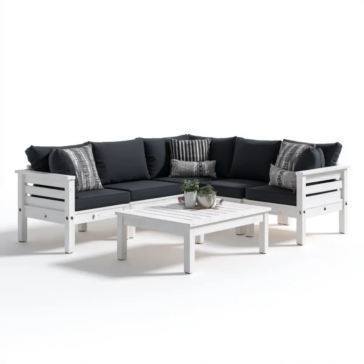 4-teiliges Garten-Loungeset Ecksofa mit Couchtisch Weiß Schwarz Massivholz Polyester L-Form 218 x 218 x 70 cm