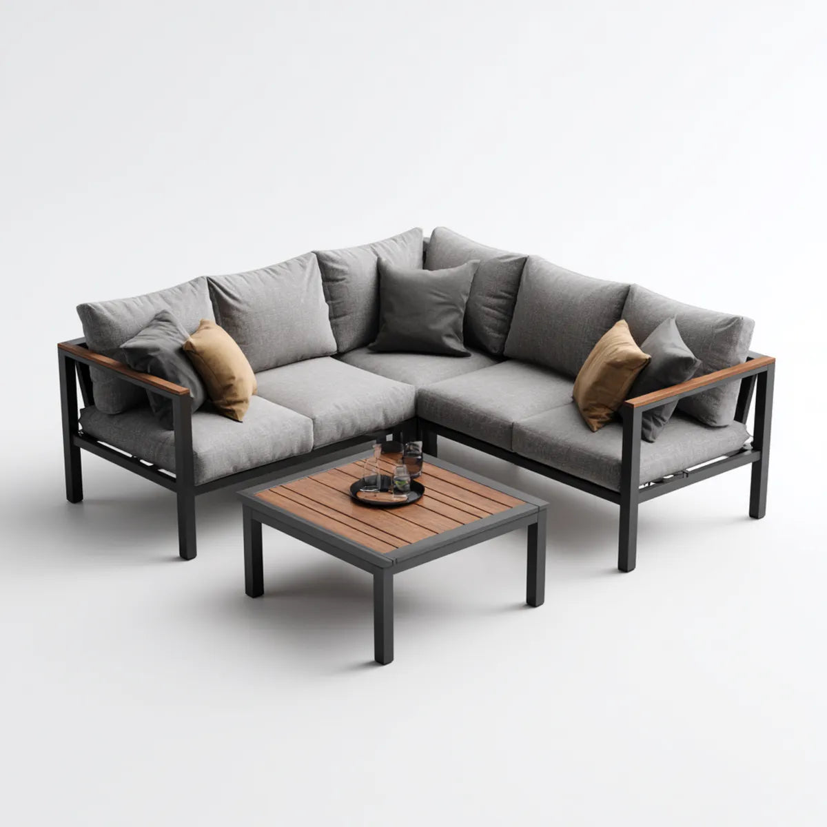 Terrassenlounge Ecksofa Set Grau Schwarz mit Couchtisch 220 x 220 x 75 cm Aluminium Polyester L-Form