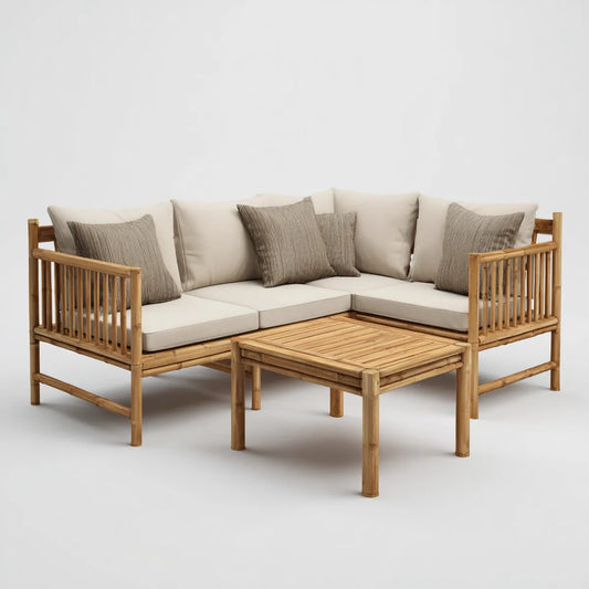 Bambus Gartenlounge Set L-Form Natur Creme Taupe 205 x 205 x 75 cm mit Couchtisch