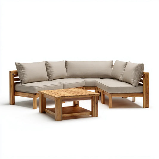 Terrassen Lounge Set Ecksofa Naturbraun Beige aus massivem Akazienholz mit Polyesterpolstern L-Form 220 x 220 cm