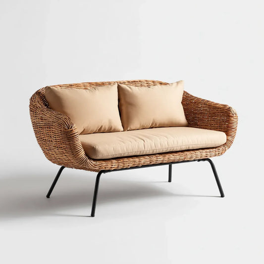 Terrassensofa 2-Sitzer Natur Beige 140 x 75 x 78 cm Rattan Stahl oval
