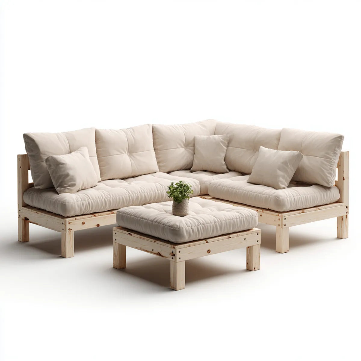 Terrassenlounge Ecksofa Set Natur Creme aus massivem Kiefernholz mit Polstern L-Form 220 x 220 x 75 cm