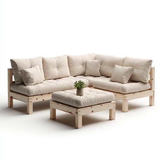 Terrassenlounge Ecksofa Set Natur Creme aus massivem Kiefernholz mit Polstern L-Form 220 x 220 x 75 cm