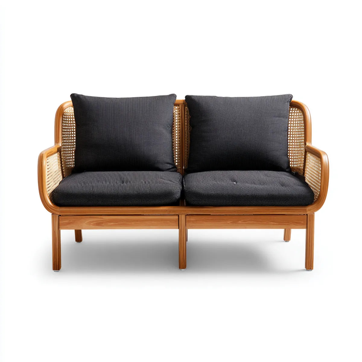2-Sitzer Terrassensofa Naturholz mit Rattanbespannung und schwarzen Polyesterkissen 120 x 70 x 78 cm