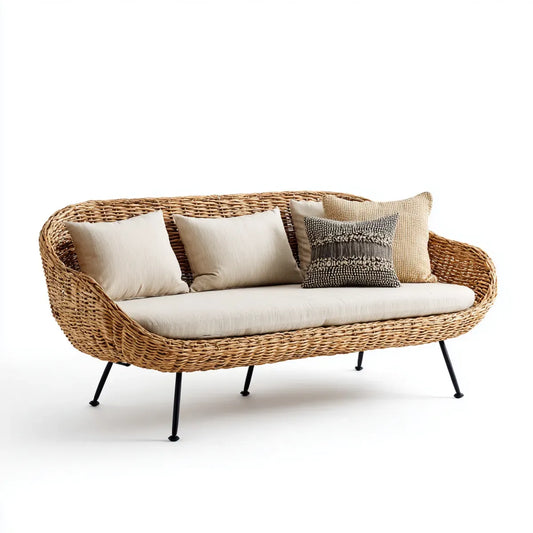 Terrassensofa 3-Sitzer Naturbraun Creme 220 x 88 x 78 cm Rattan Polyester geschwungen