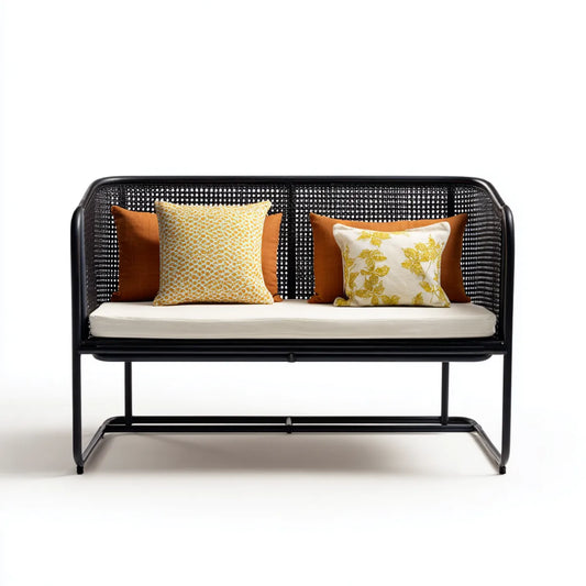2-Sitzer Terrassensofa Schwarz Creme aus pulverbeschichtetem Stahl und PE-Rattan rechteckig 122 x 65 x 78 cm