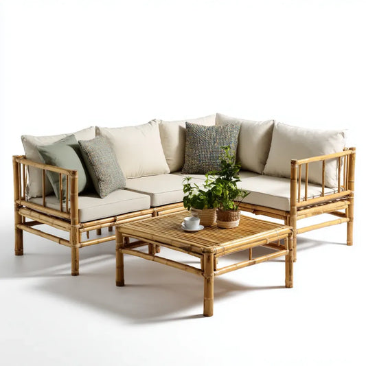 Lounge-Set aus Bambus Natur mit cremefarbenen Polyesterkissen Ecksofa und Couchtisch 220 x 160 cm