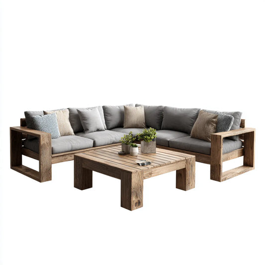 4-teiliges Terrassen-Loungesofa Set grau naturbraun aus Akazien-Massivholz L-Form mit Couchtisch 255 x 255 x 75 cm