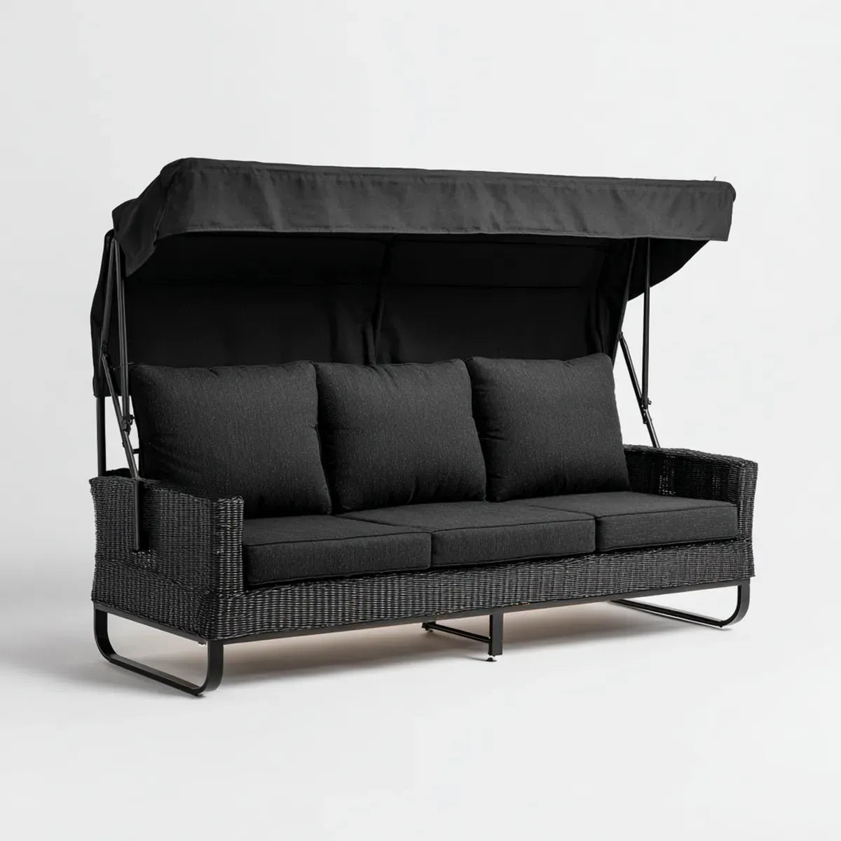 3-Sitzer Terrassensofa mit Sonnendach Schwarz 200 x 80 x 170 cm PE-Rattan Stahl Rechteckig