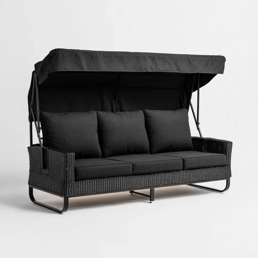 3-Sitzer Terrassensofa mit Sonnendach Schwarz 200 x 80 x 170 cm PE-Rattan Stahl Rechteckig