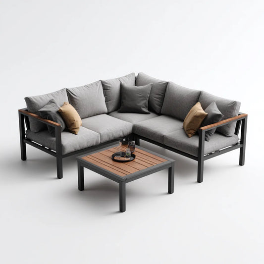 Terrassenlounge Ecksofa Set Grau Schwarz mit Couchtisch 220 x 220 x 75 cm Aluminium Polyester L-Form