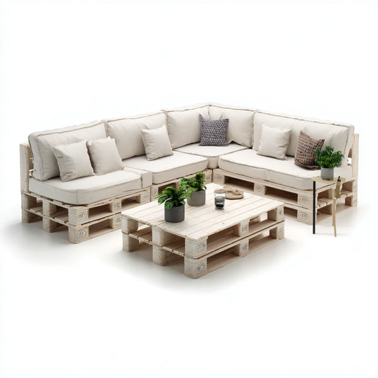 Paletten Lounge Set Ecksofa Beige Natur 240 x 240 x 80 cm Massivholz Polyester L-Form